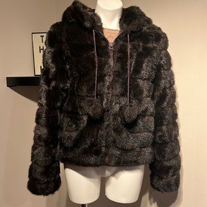 Nine West Dark Brown Faux Fur Bomber Jacket w/Hood Size Large